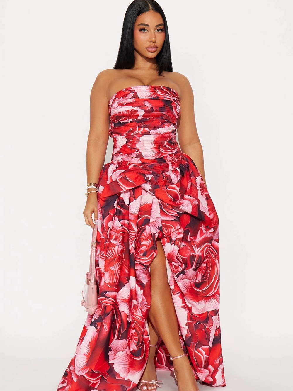 Strapless Red Floral Maxi Dress